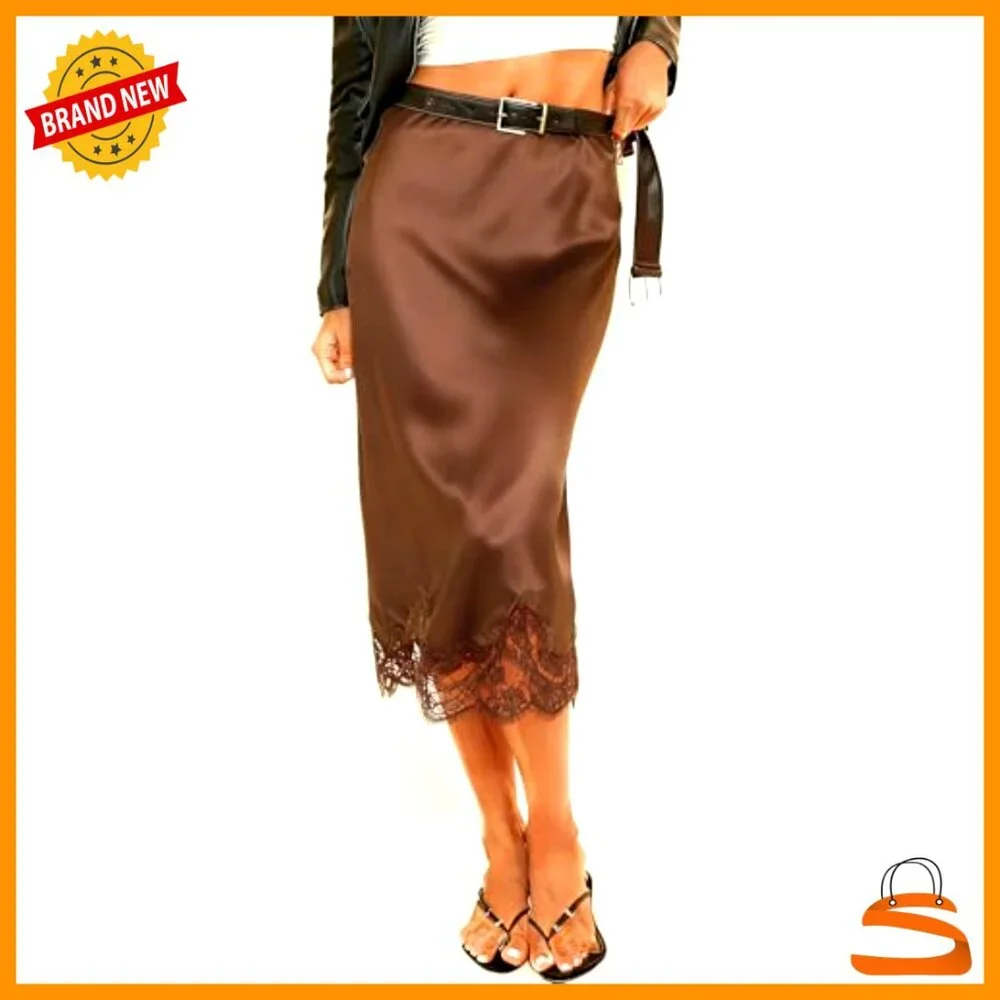 Satin Lace Trim Midi Skirt Flowy A-Line Elastic Waist Y2K Elegant - Picture 3 of 3